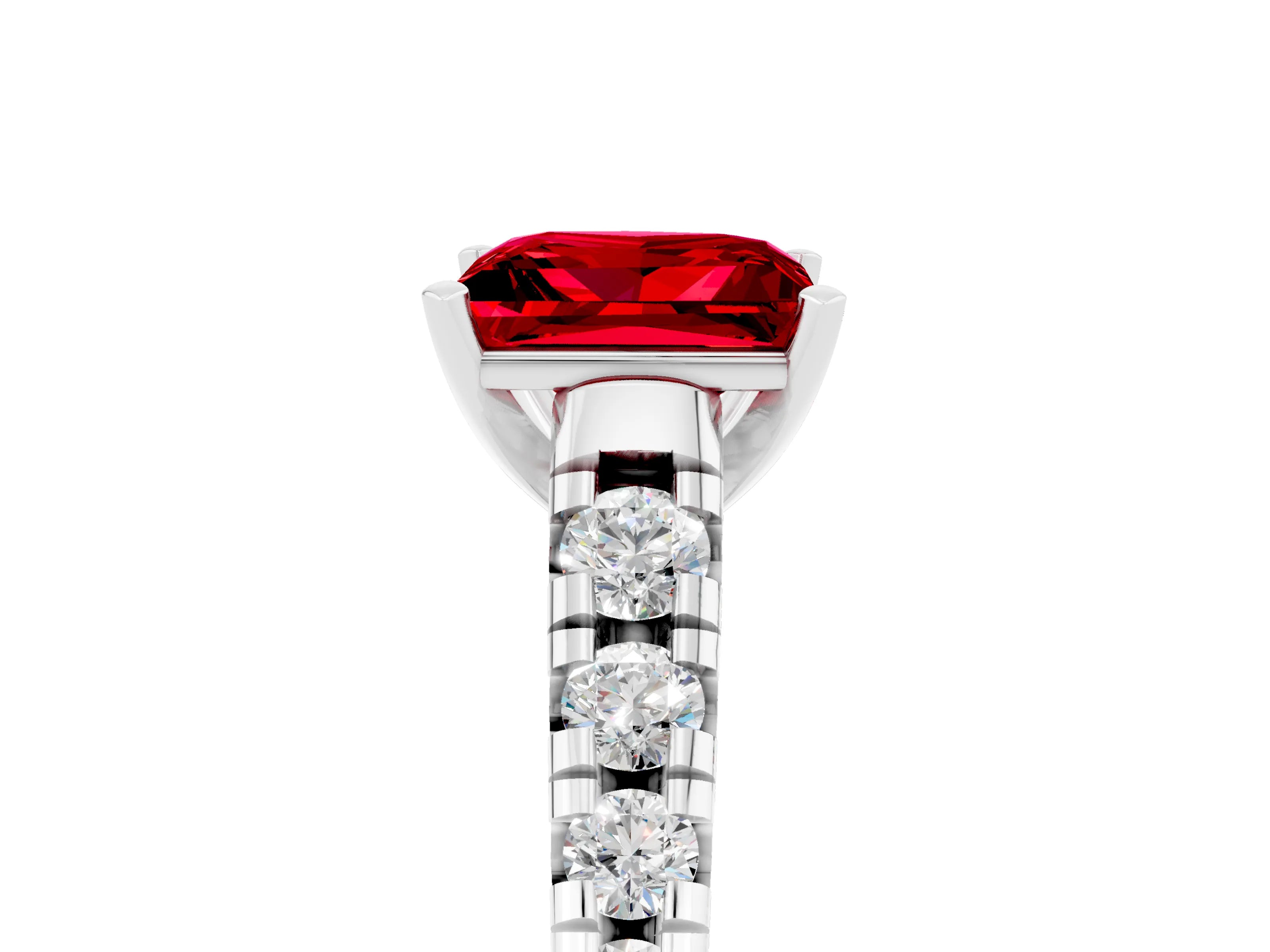 White gold Princess Cut Ruby Solitaire Ring with Cathedral Setting and Pavé Band_5