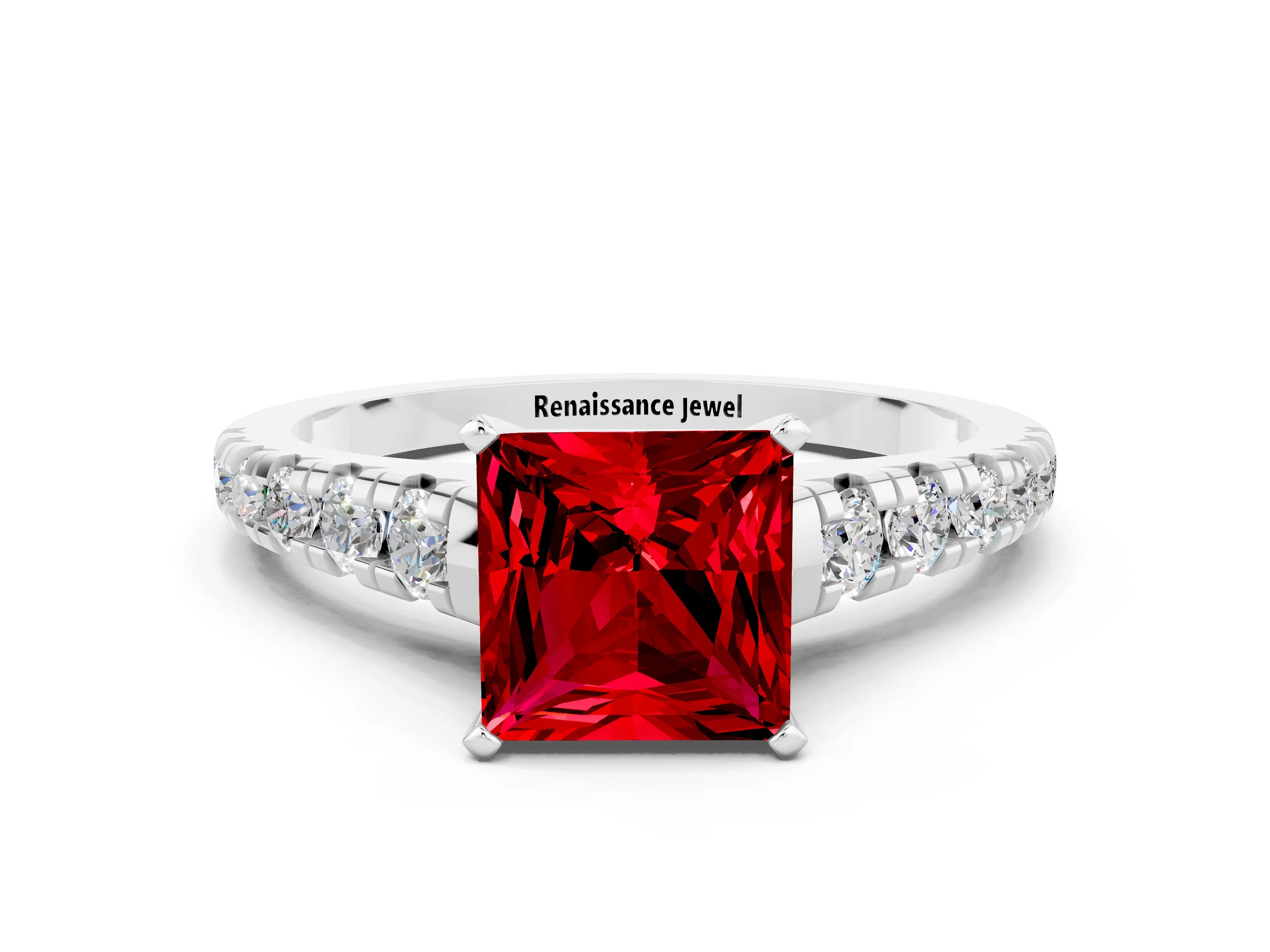 White gold Princess Cut Ruby Solitaire Ring with Cathedral Setting and Pavé Band