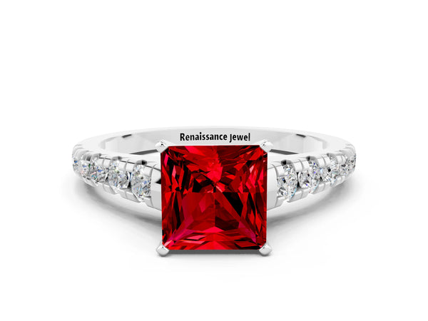 Silver Princess Cut Ruby Cathedral Solitaire Ring with Round  Pavé Band