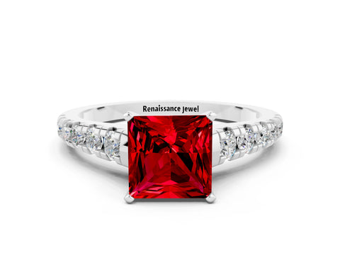 White gold Princess Cut Ruby Solitaire Ring with Cathedral Setting and Pavé Band