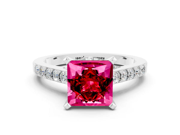Silver Princess Cut Ruby Solitaire Ring with Crossover Gallery and Round  Pavé Band