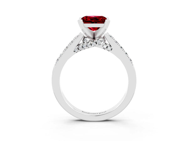 White gold Princess Cut Ruby Solitaire Ring with Crossover Gallery and Round  Pavé Band