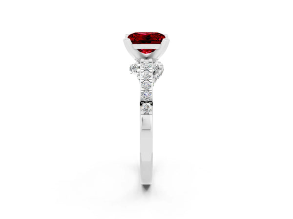 Silver Princess Cut Ruby Solitaire Ring with Crossover Gallery and Round  Pavé Band