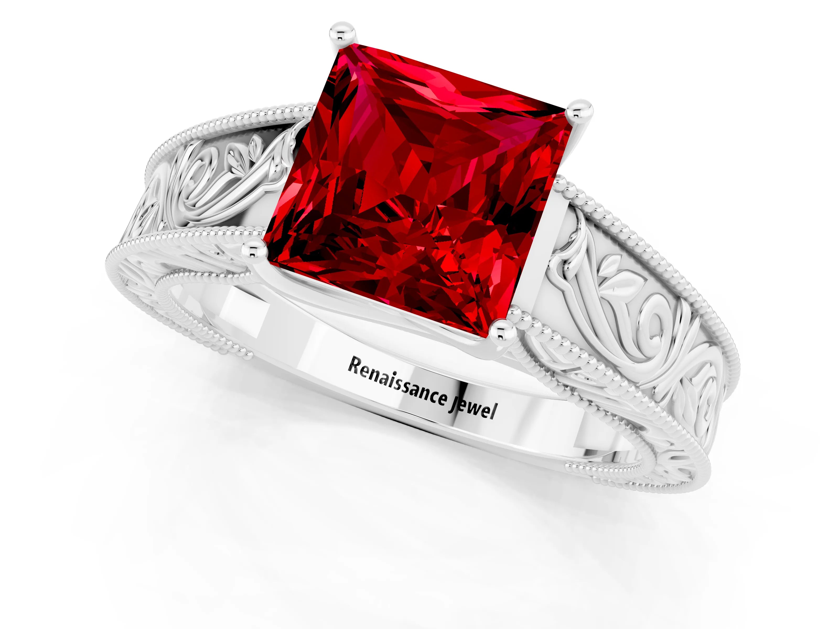White gold Princess Cut Ruby Solitaire Ring with Engraved Band and Four-Prong Setting_1