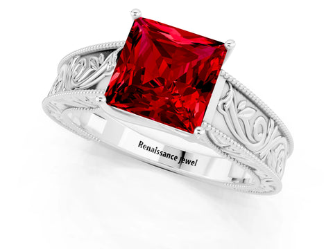 White gold Princess Cut Ruby Solitaire Ring with Engraved Band and Four-Prong Setting_1