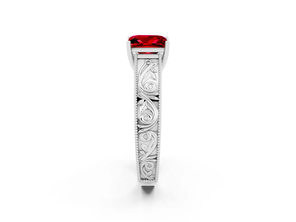White gold Princess Cut Ruby Solitaire Ring with Engraved Band and Four-Prong Setting