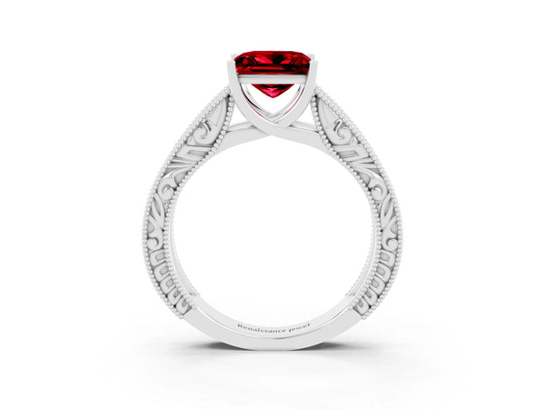 White gold Princess Cut Ruby Solitaire Ring with Engraved Band and Four-Prong Setting