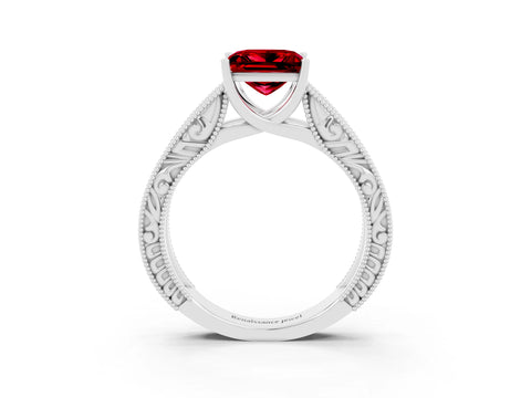 White gold Princess Cut Ruby Solitaire Ring with Engraved Band and Four-Prong Setting_3