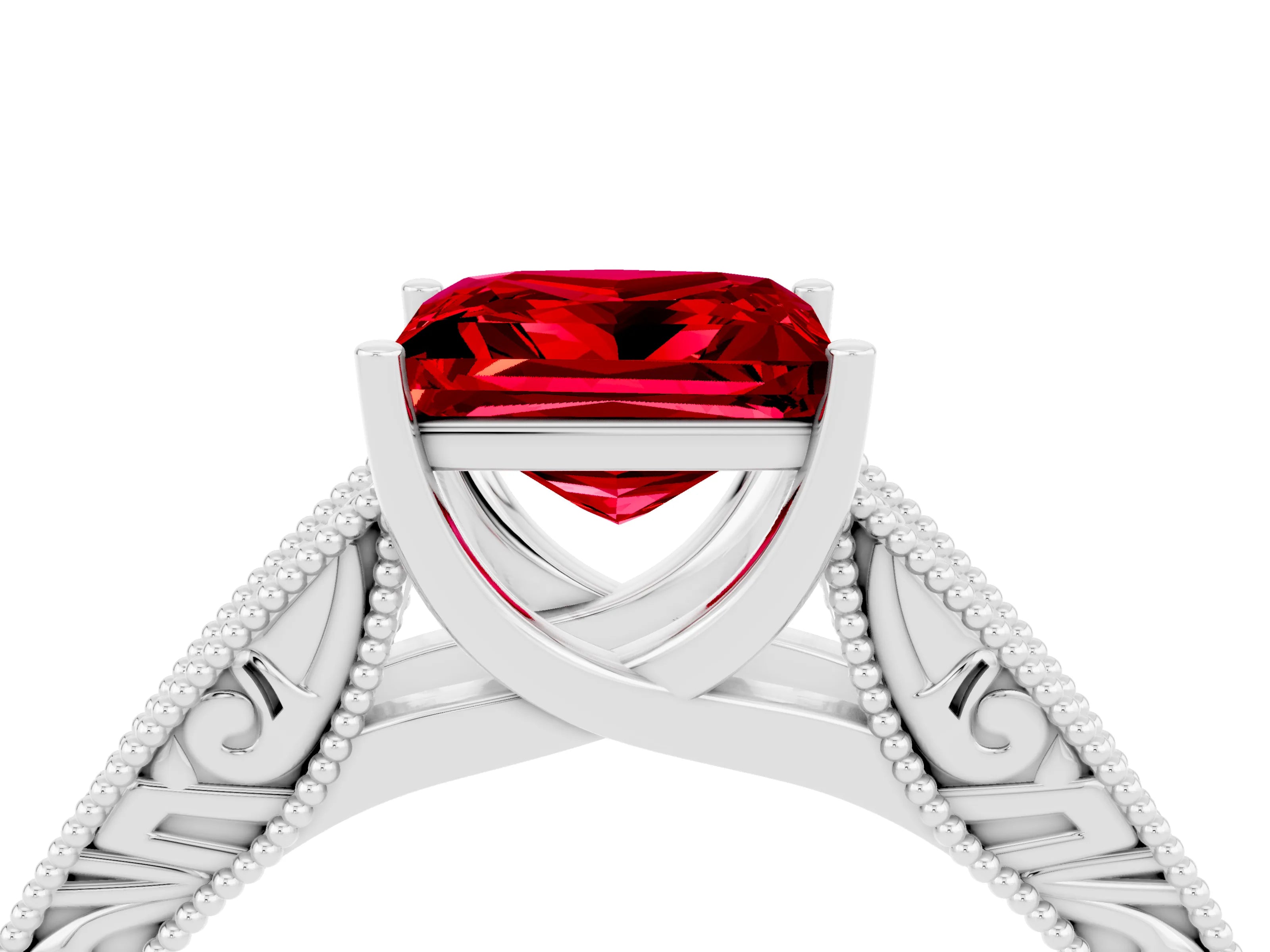 White gold Princess Cut Ruby Solitaire Ring with Engraved Band and Four-Prong Setting_4