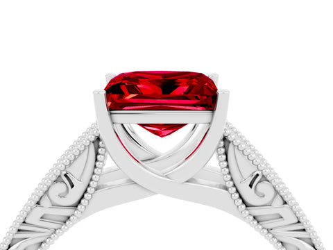 White gold Princess Cut Ruby Solitaire Ring with Engraved Band and Four-Prong Setting_4