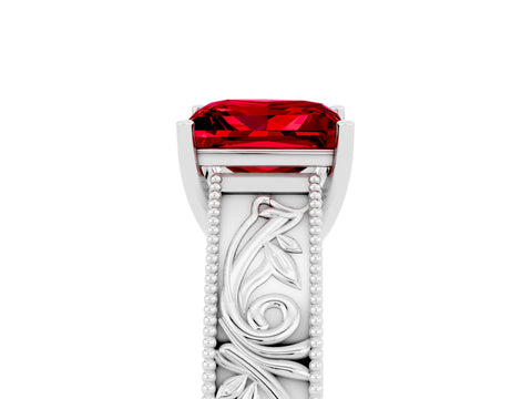 White gold Princess Cut Ruby Solitaire Ring with Engraved Band and Four-Prong Setting_5