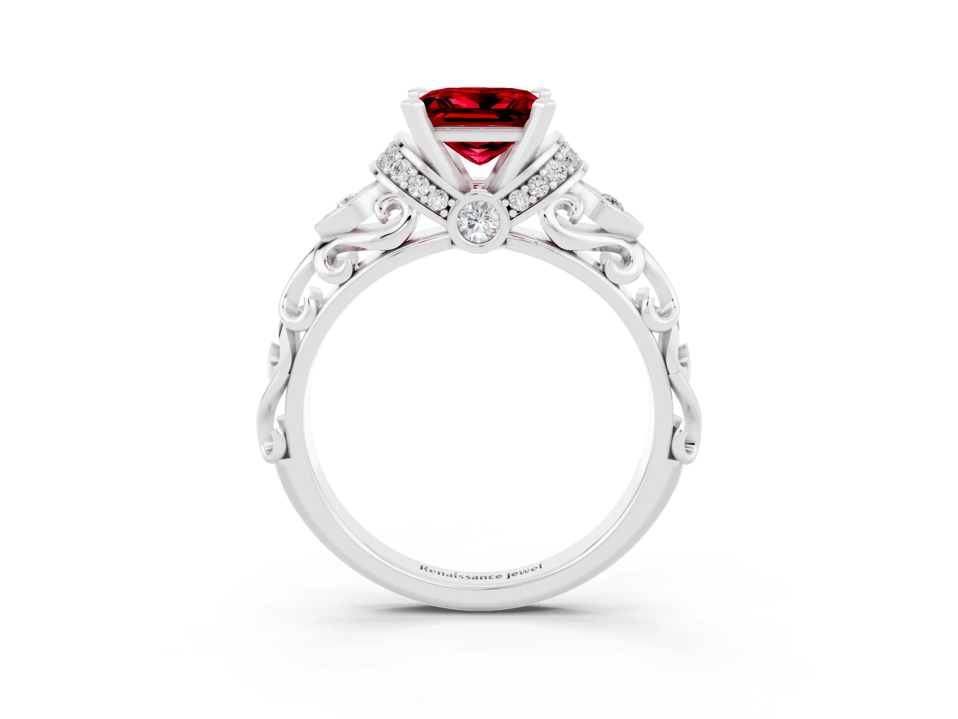 White gold Princess Cut Ruby Solitaire Ring with Filigree Band and Four-Prong Setting_27