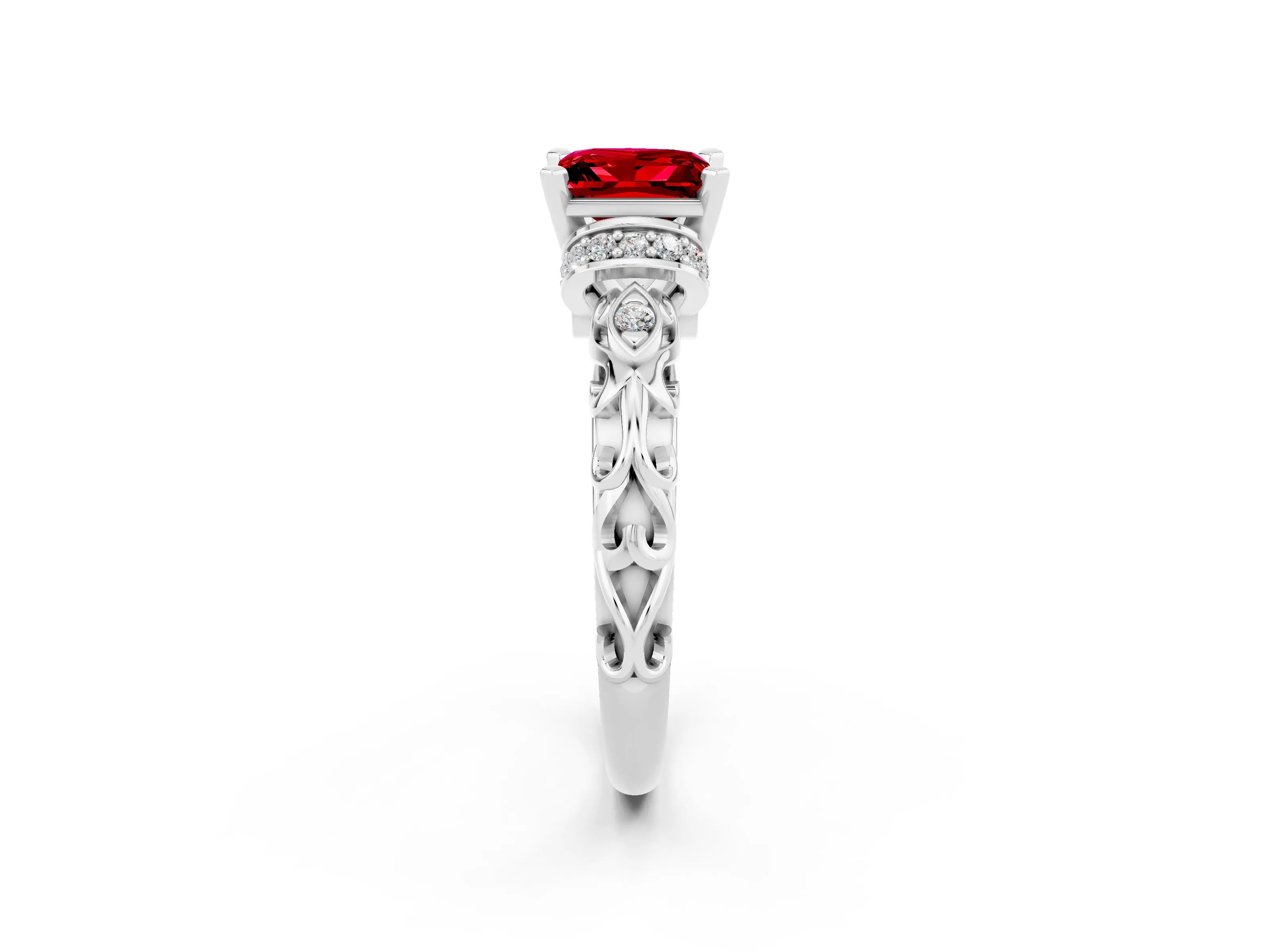 White gold Princess Cut Ruby Solitaire Ring with Filigree Band and Four-Prong Setting_32