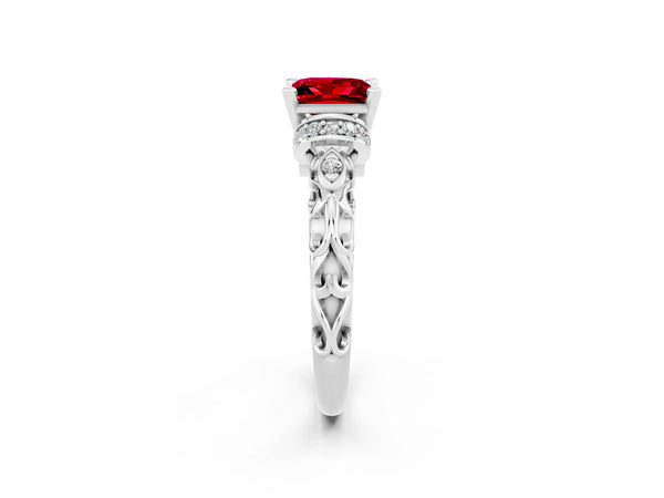 Silver Princess Cut Ruby Solitaire Ring with Filigree Band and Four-Prong Setting