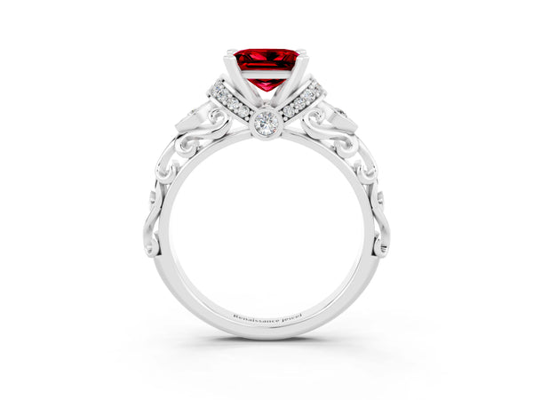 White gold Princess Cut Ruby Solitaire Ring with Filigree Band and Four-Prong Setting