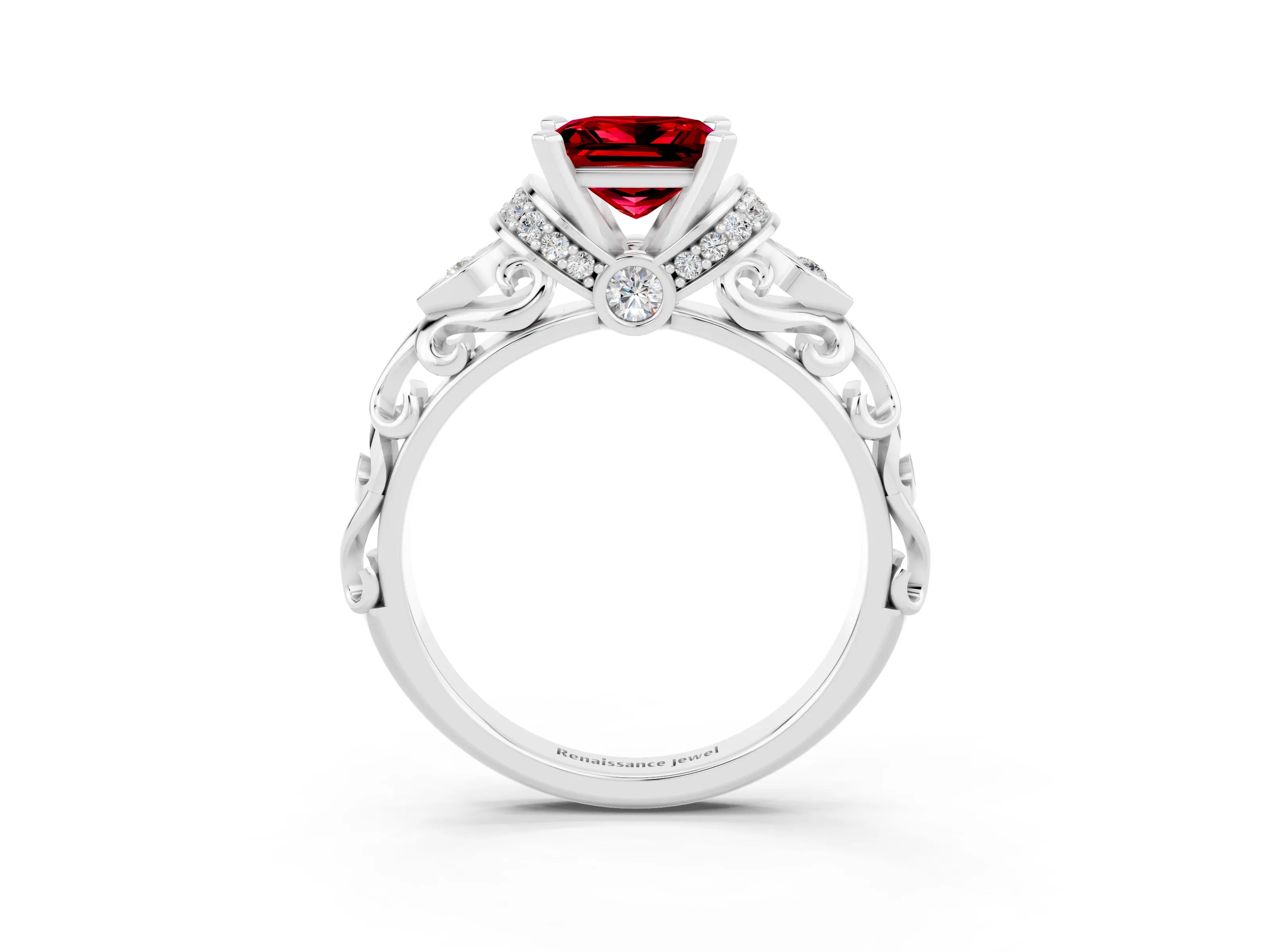 White gold Princess Cut Ruby Solitaire Ring with Filigree Band and Four-Prong Setting_37