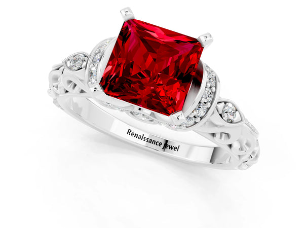 Platinum Princess Cut Ruby Solitaire Ring with Filigree Band and Four-Prong Setting