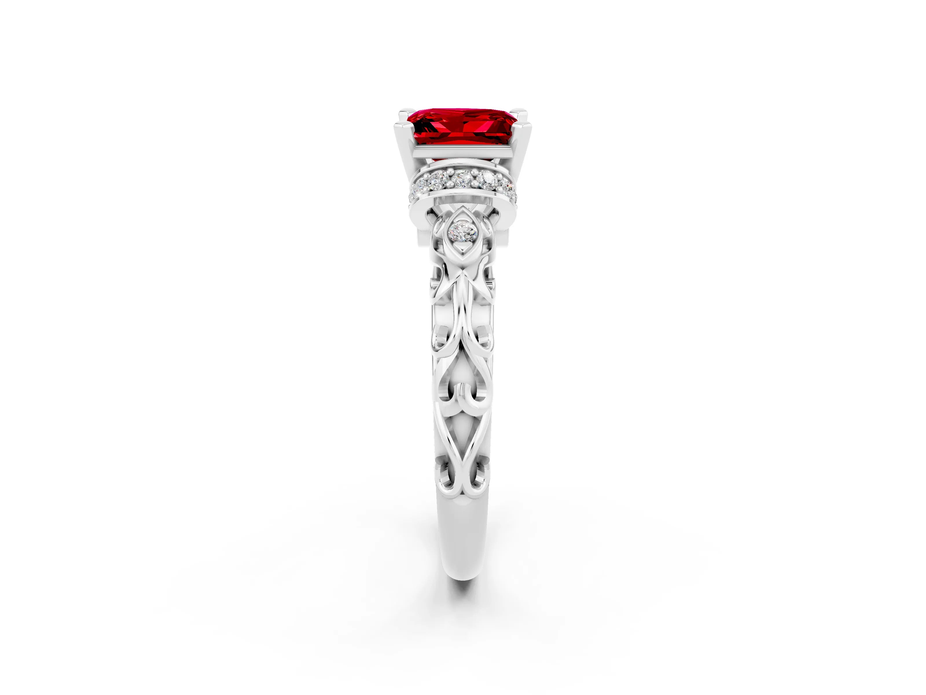 White gold Princess Cut Ruby Solitaire Ring with Filigree Band and Four-Prong Setting_48