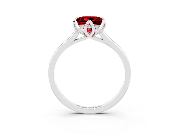 White gold Princess Cut Ruby Solitaire Ring with Flower Prong Setting and Classic Band