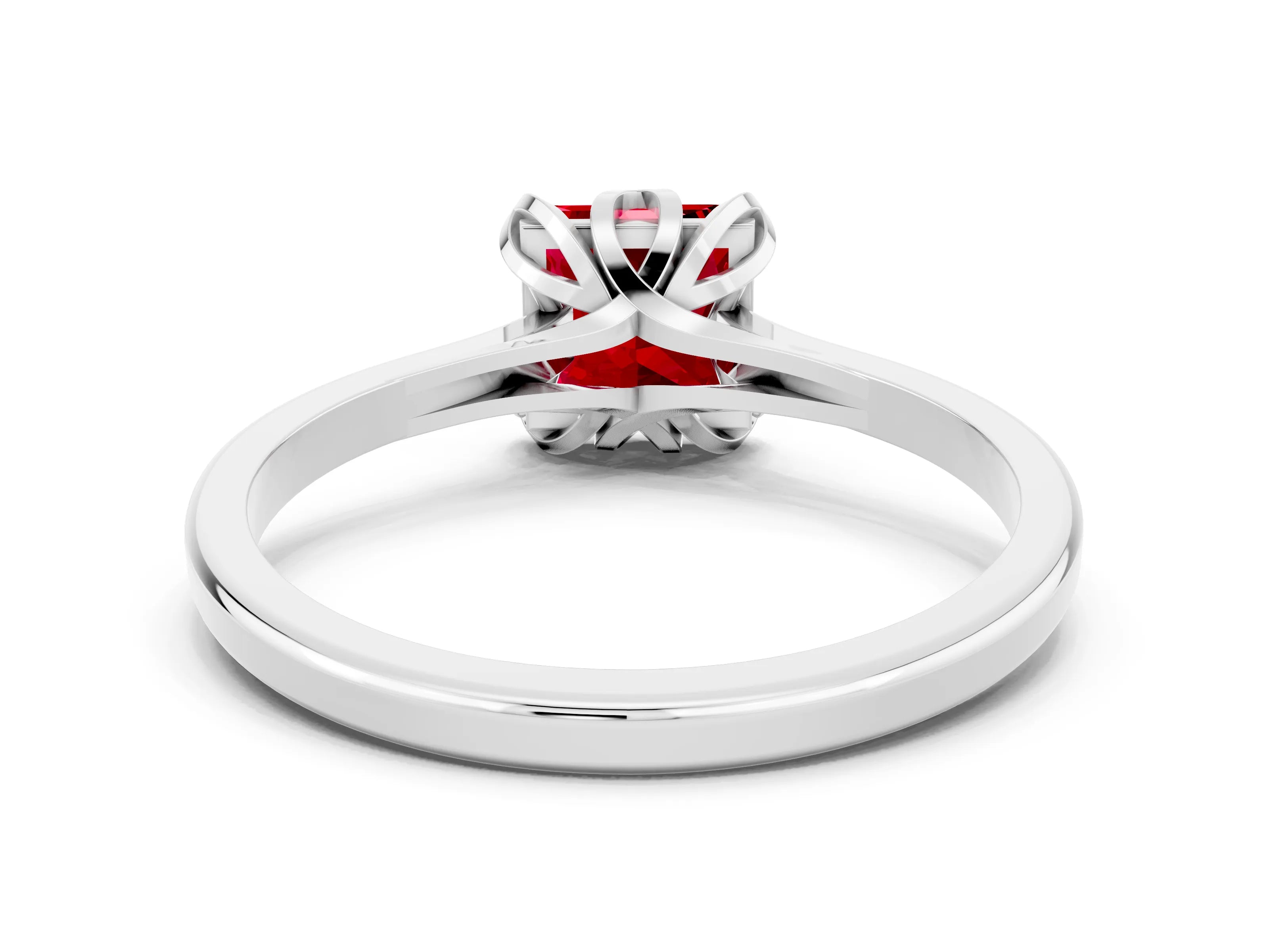 White gold Princess Cut Ruby Solitaire Ring with Flower Prong Setting and Classic Band_36