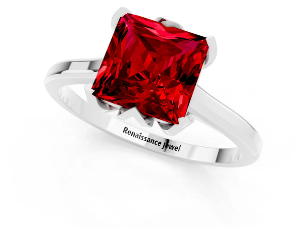 White gold Princess Cut Ruby Solitaire Ring with Flower Prong Setting and Classic Band