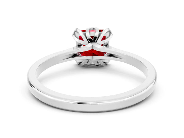 White gold Princess Cut Ruby Solitaire Ring with Flower Prong Setting and Classic Band