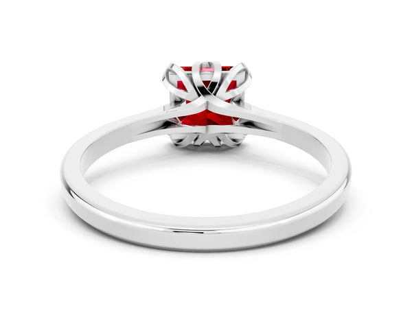White Gold Princess Cut Lab-Grown Ruby Floral Solitaire Engagement Ring with Plain Band