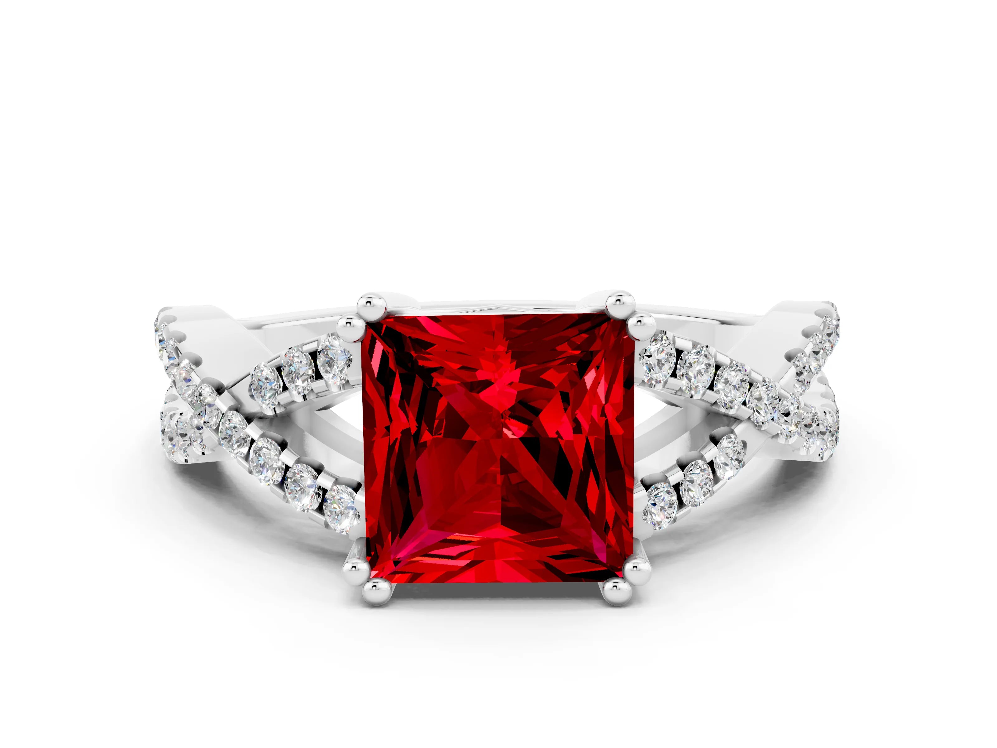 White gold Princess Cut Ruby Solitaire Ring with Four-Prong Setting and Twisted Pavé Band