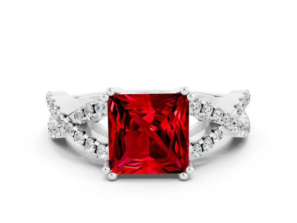 Platinum Princess Cut Ruby Solitaire Ring with Four-Prong Setting and Twisted Pavé Band