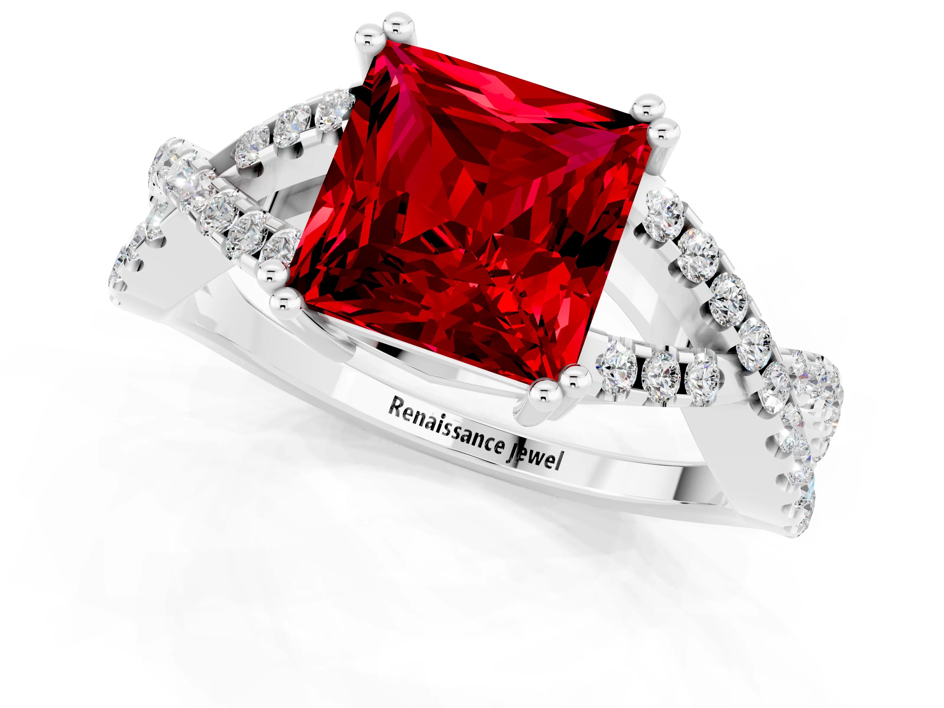 White gold Princess Cut Ruby Solitaire Ring with Four-Prong Setting and Twisted Pavé Band_1