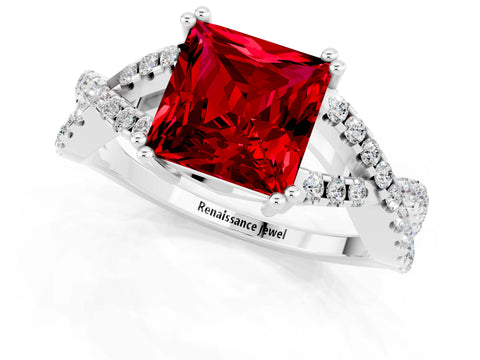 White gold Princess Cut Ruby Solitaire Ring with Four-Prong Setting and Twisted Pavé Band_1
