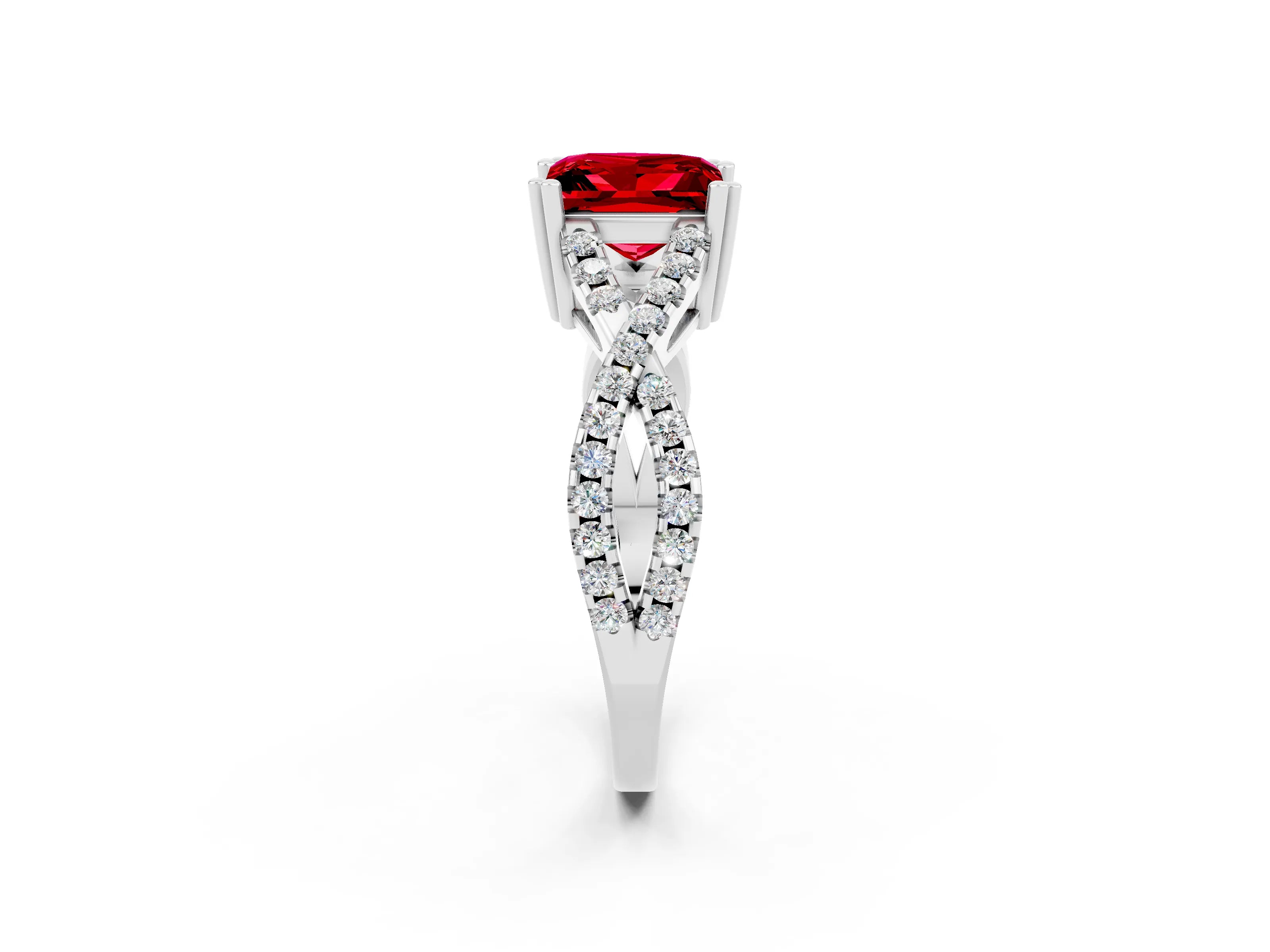 White gold Princess Cut Ruby Solitaire Ring with Four-Prong Setting and Twisted Pavé Band_2