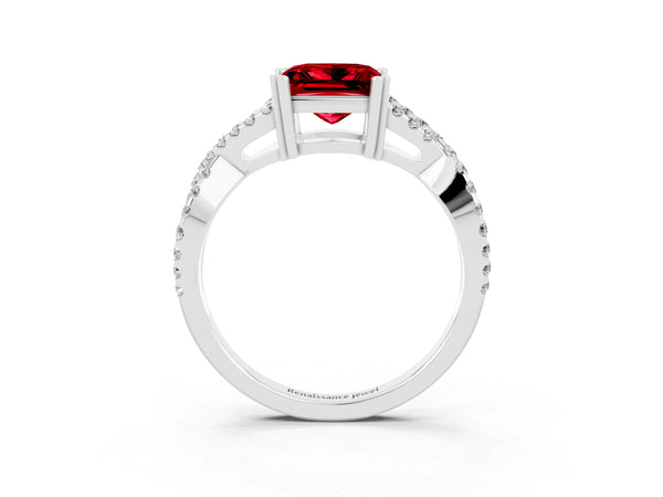 Silver Princess Cut Ruby Solitaire Ring with Four-Prong Setting and Twisted Pavé Band