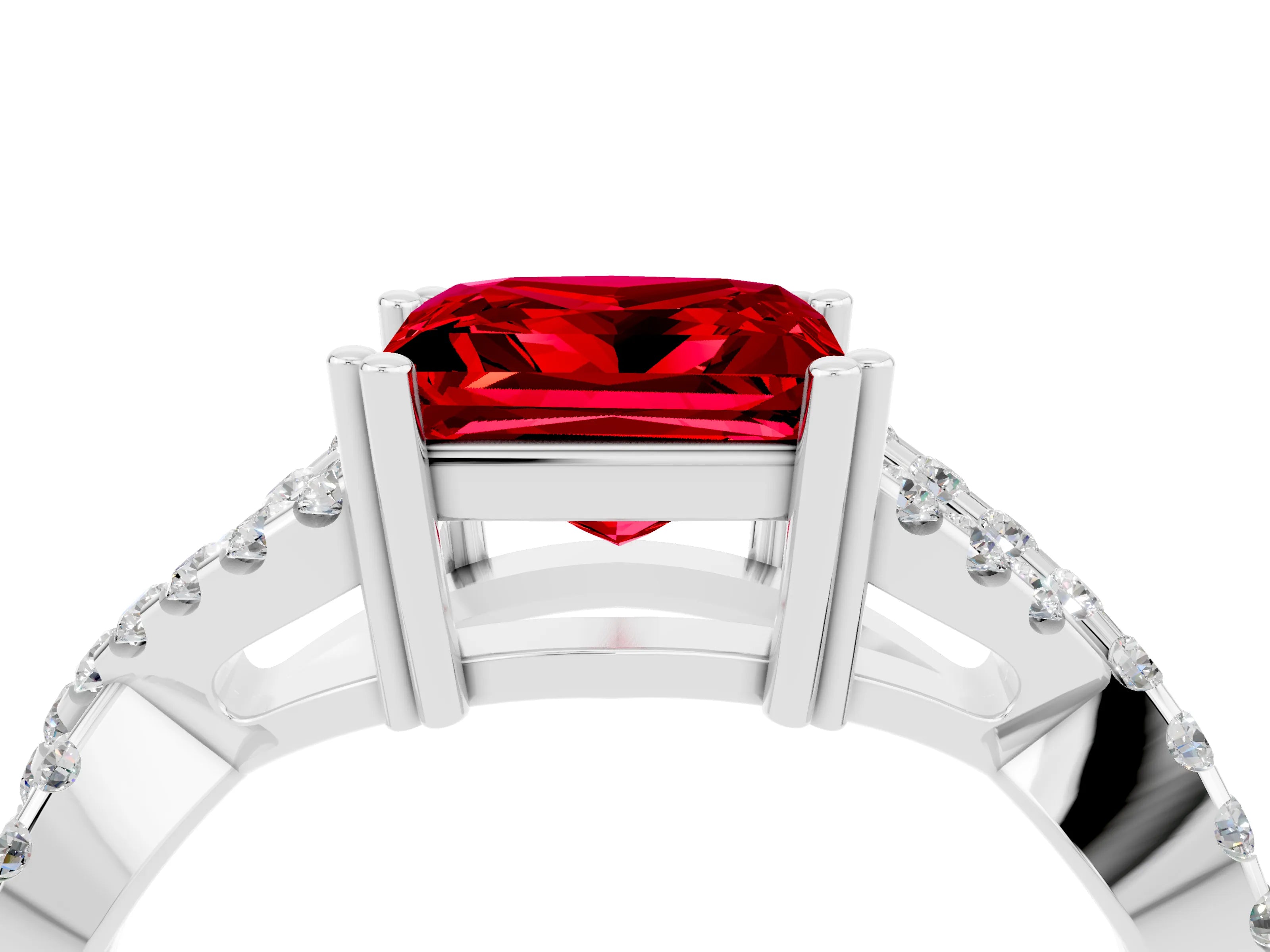 White gold Princess Cut Ruby Solitaire Ring with Four-Prong Setting and Twisted Pavé Band_4