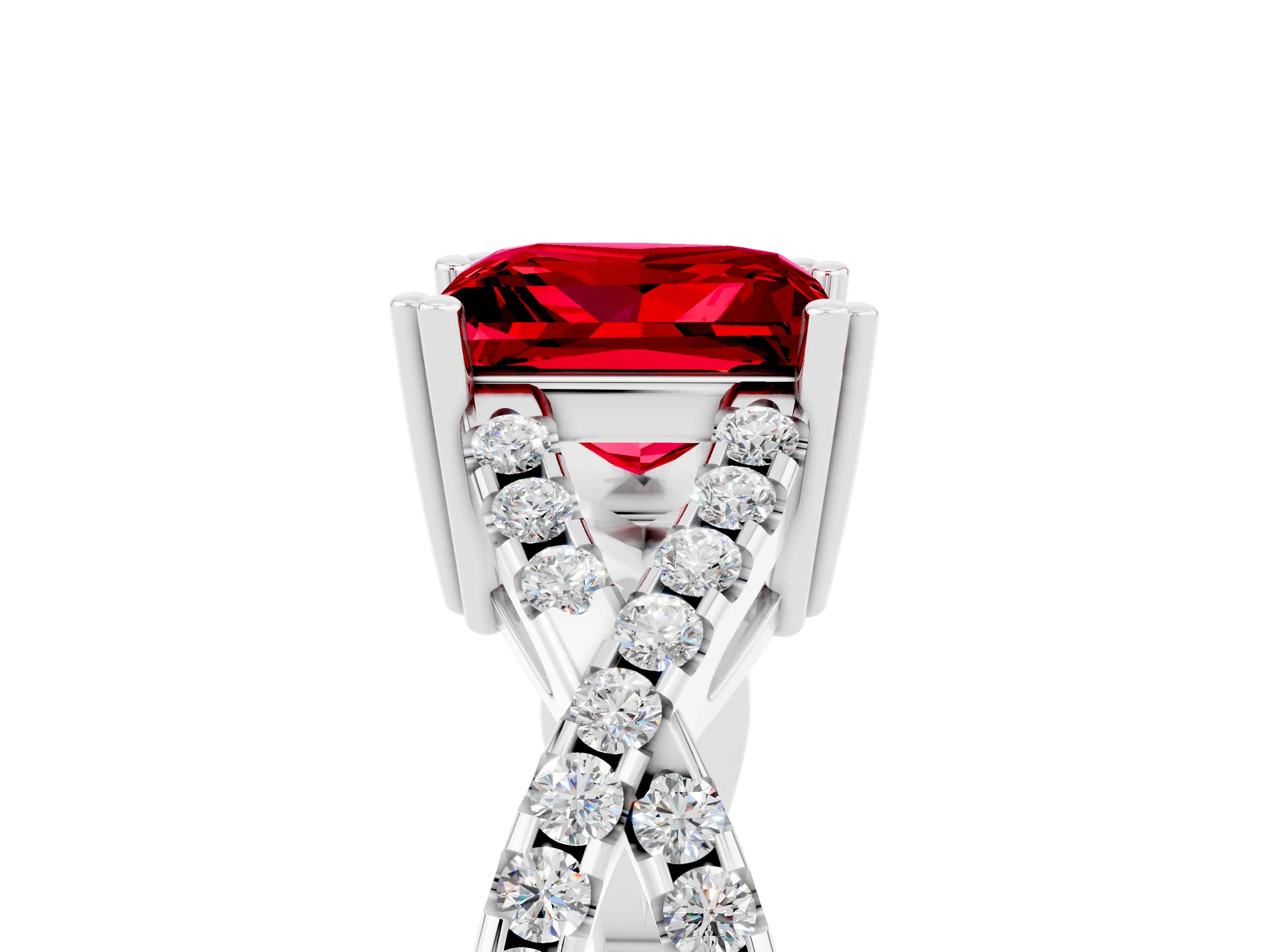 White gold Princess Cut Ruby Solitaire Ring with Four-Prong Setting and Twisted Pavé Band_5