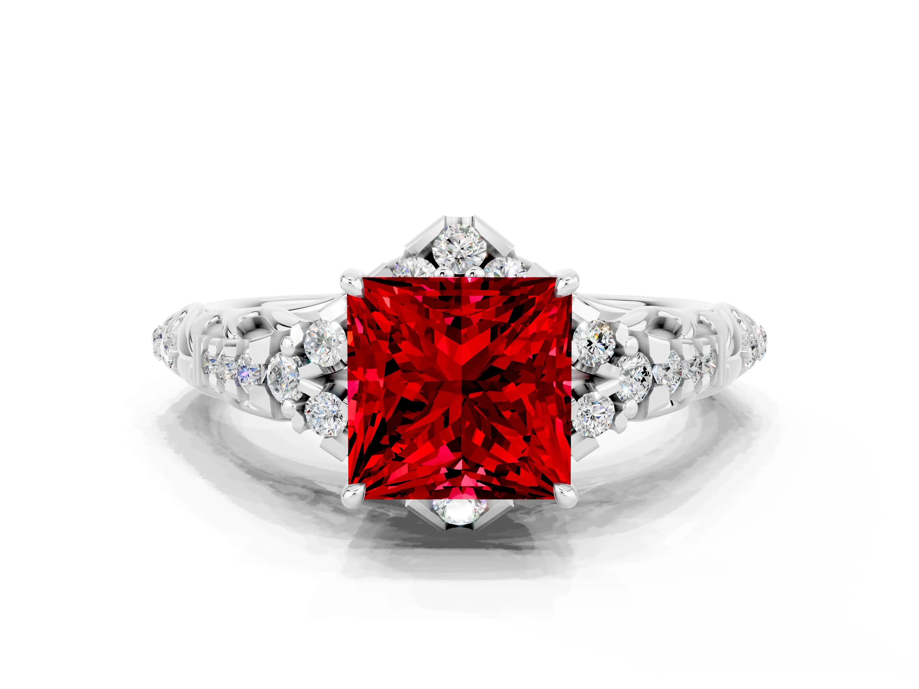 White gold Princess Cut Ruby Solitaire Ring with Hidden Halo and Pavé Band_12