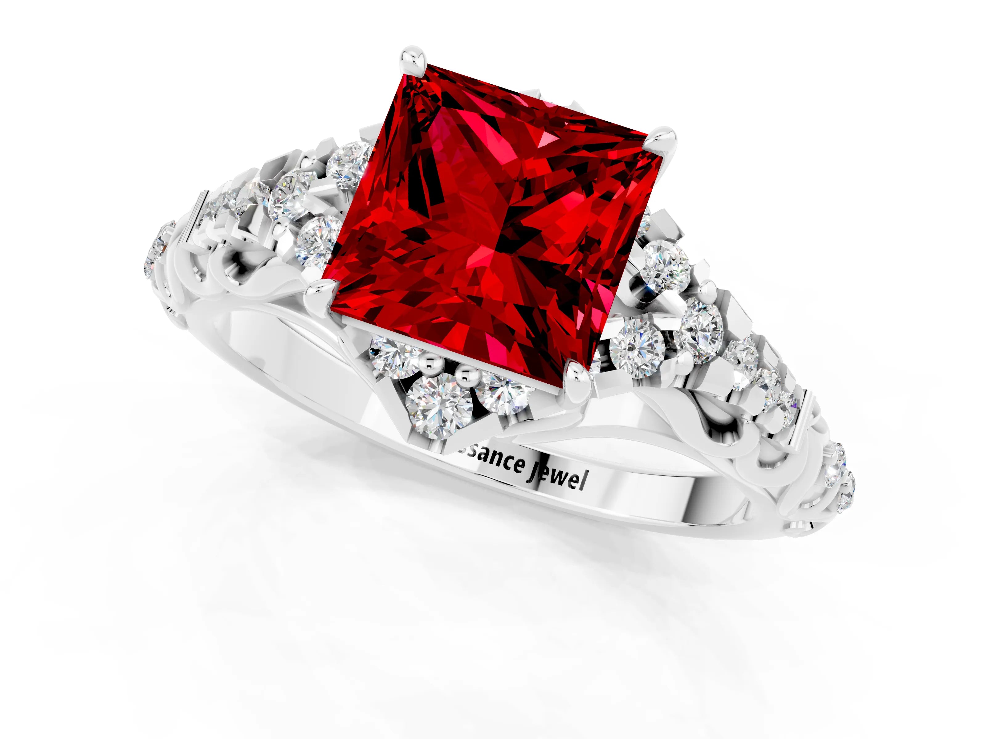 White gold Princess Cut Ruby Solitaire Ring with Hidden Halo and Pavé Band_13