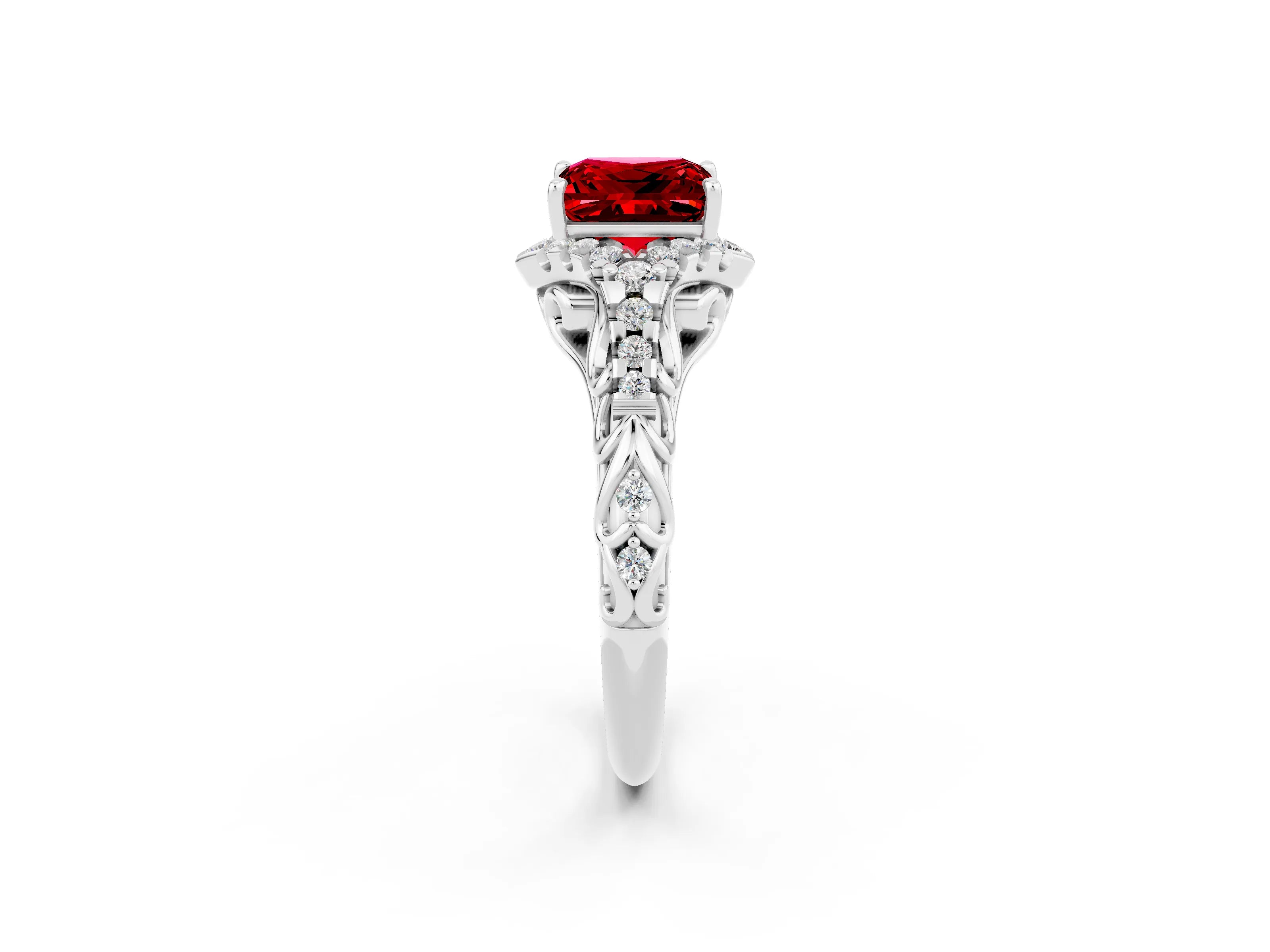 White gold Princess Cut Ruby Solitaire Ring with Hidden Halo and Pavé Band_14
