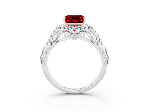 Silver Princess Cut Ruby Solitaire Ring with Hidden Halo and Pavé Band