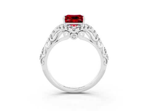 White gold Princess Cut Ruby Solitaire Ring with Hidden Halo and Pavé Band_15