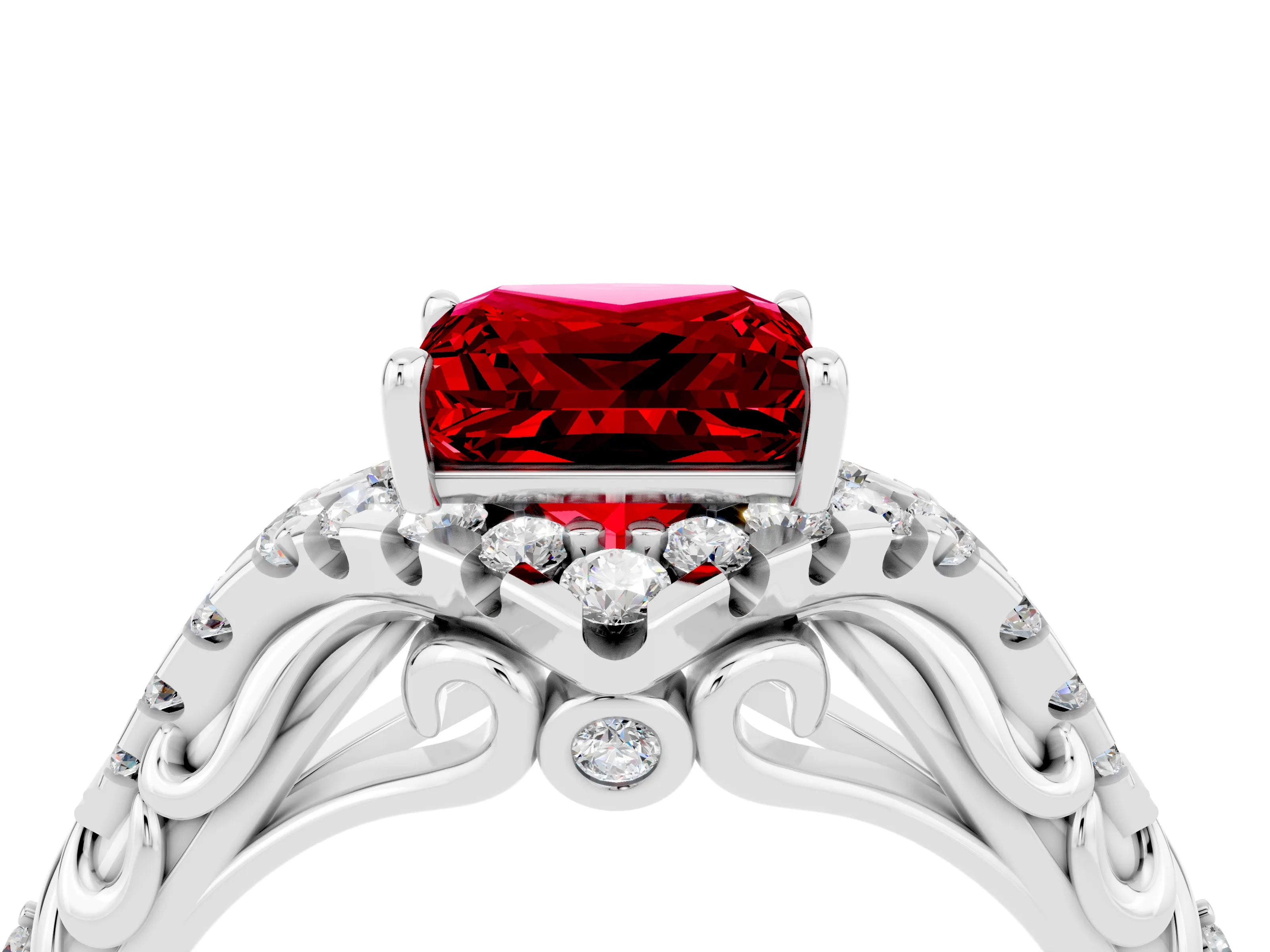White gold Princess Cut Ruby Solitaire Ring with Hidden Halo and Pavé Band_16