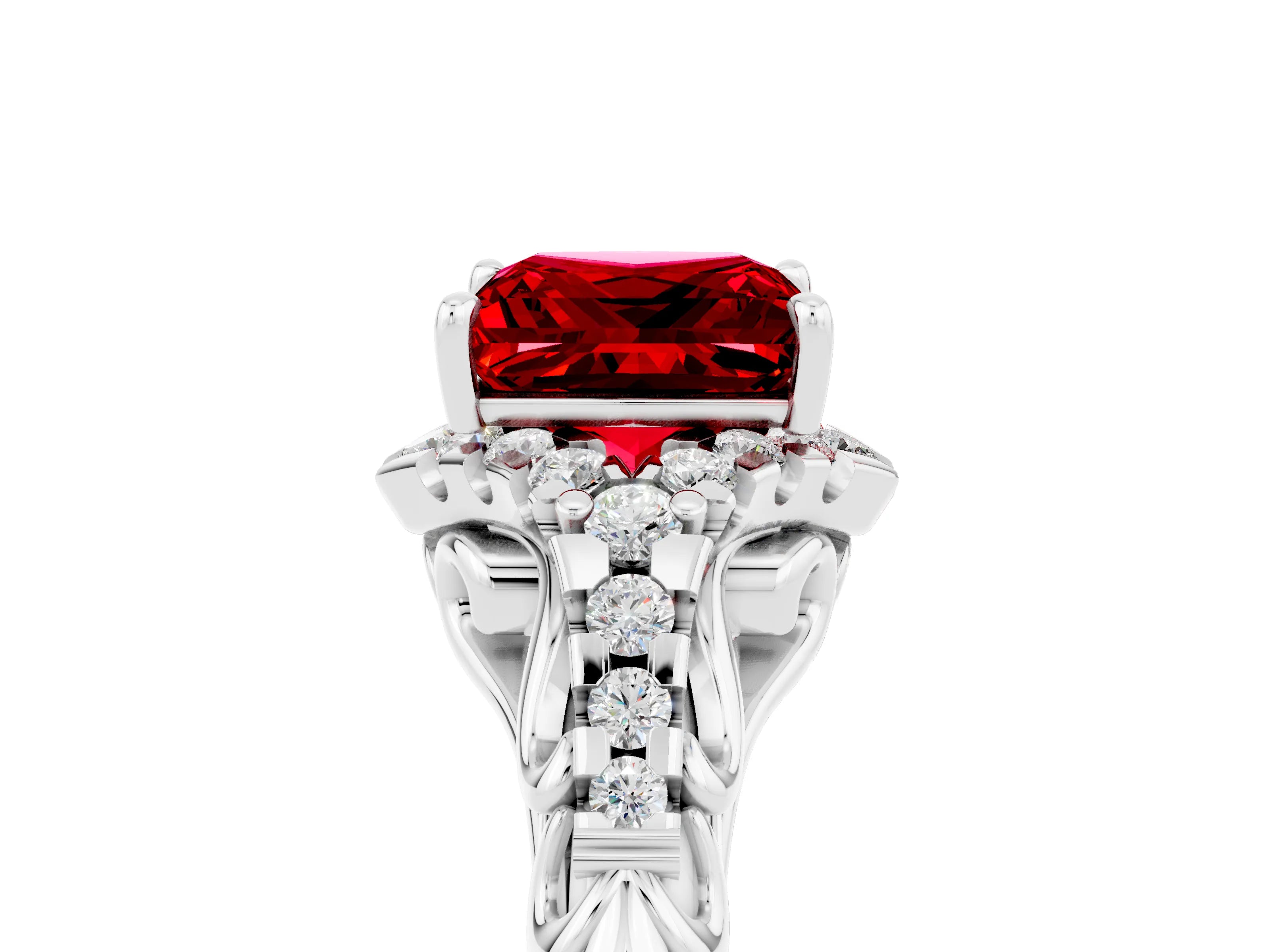 White gold Princess Cut Ruby Solitaire Ring with Hidden Halo and Pavé Band_17