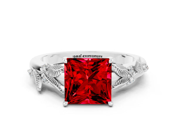 Platinum Princess Cut Ruby Solitaire Ring with Leaf Motif Band and Four-Prong Setting