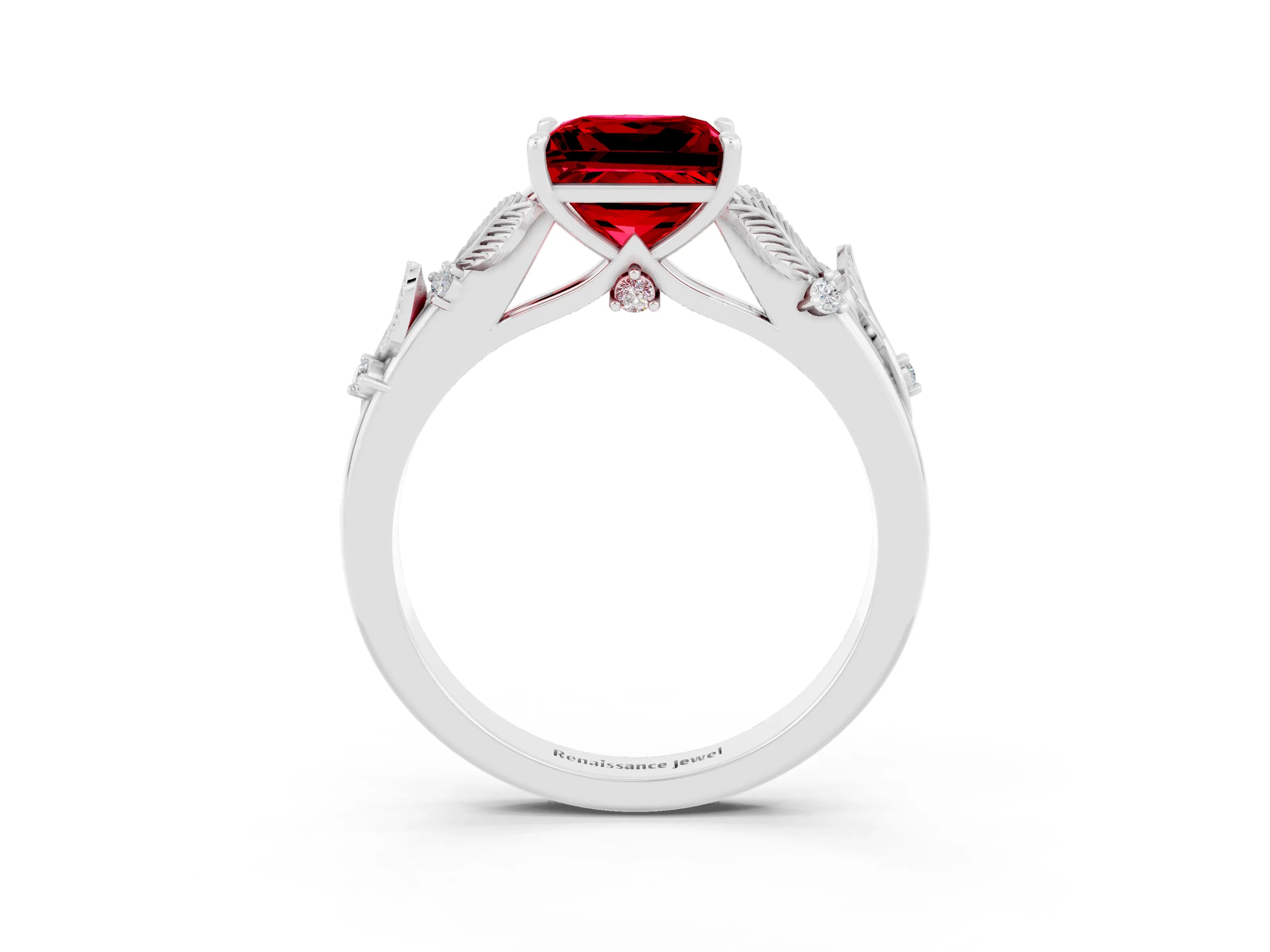 White gold Princess Cut Ruby Solitaire Ring with Leaf Motif Band and Four-Prong Setting_15