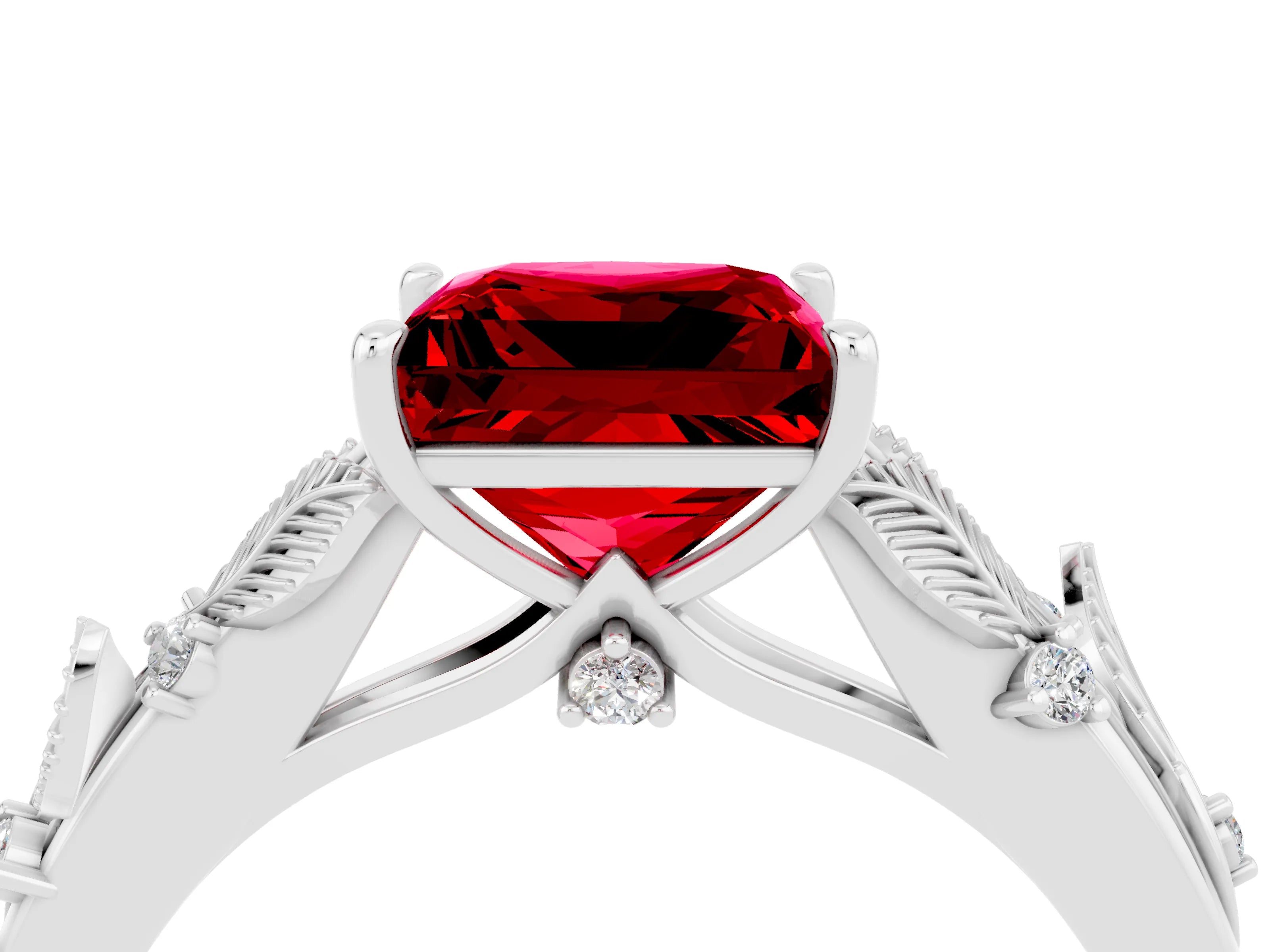 White gold Princess Cut Ruby Solitaire Ring with Leaf Motif Band and Four-Prong Setting_16