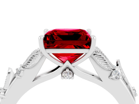 White gold Princess Cut Ruby Solitaire Ring with Leaf Motif Band and Four-Prong Setting_16