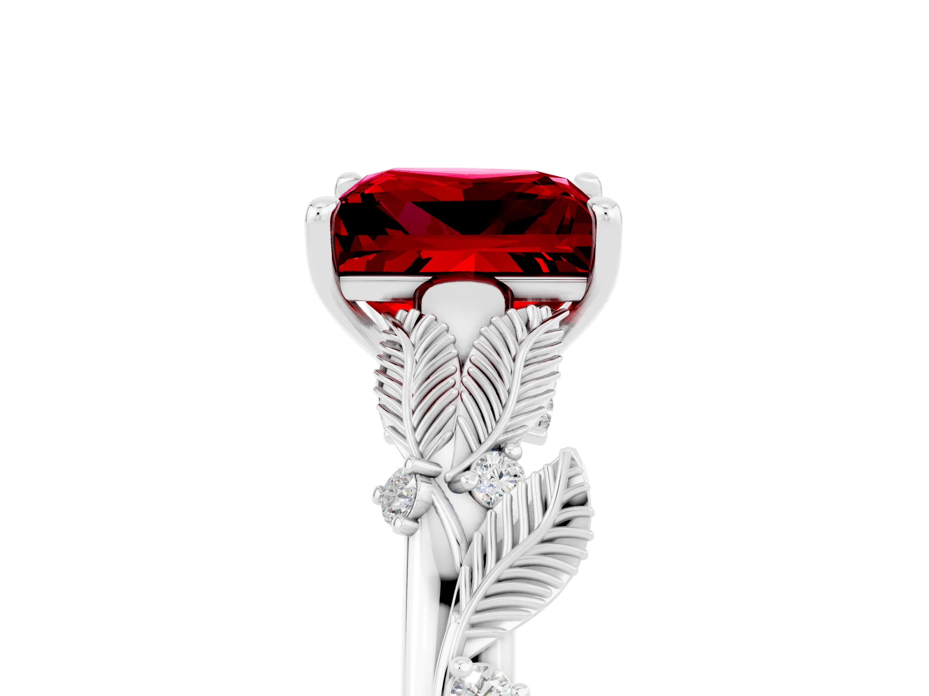White gold Princess Cut Ruby Solitaire Ring with Leaf Motif Band and Four-Prong Setting_17