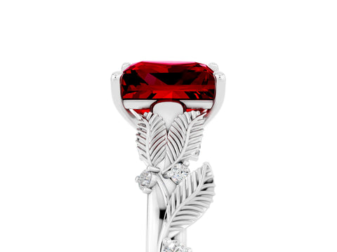 White gold Princess Cut Ruby Solitaire Ring with Leaf Motif Band and Four-Prong Setting_17