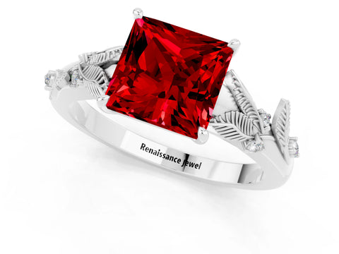 White gold Princess Cut Ruby Solitaire Ring with Leaf Motif Band and Four-Prong Setting_1