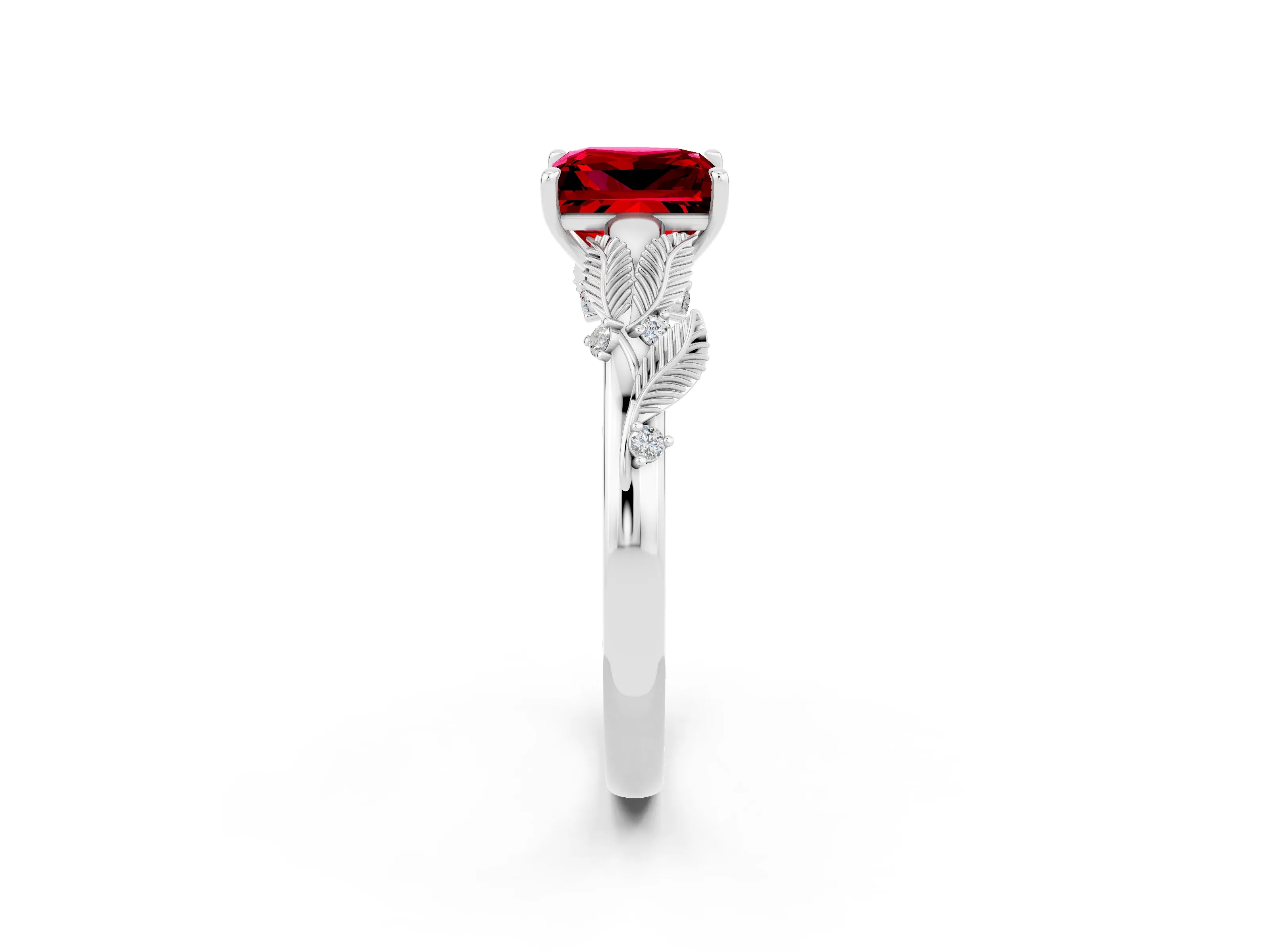 White gold Princess Cut Ruby Solitaire Ring with Leaf Motif Band and Four-Prong Setting_2